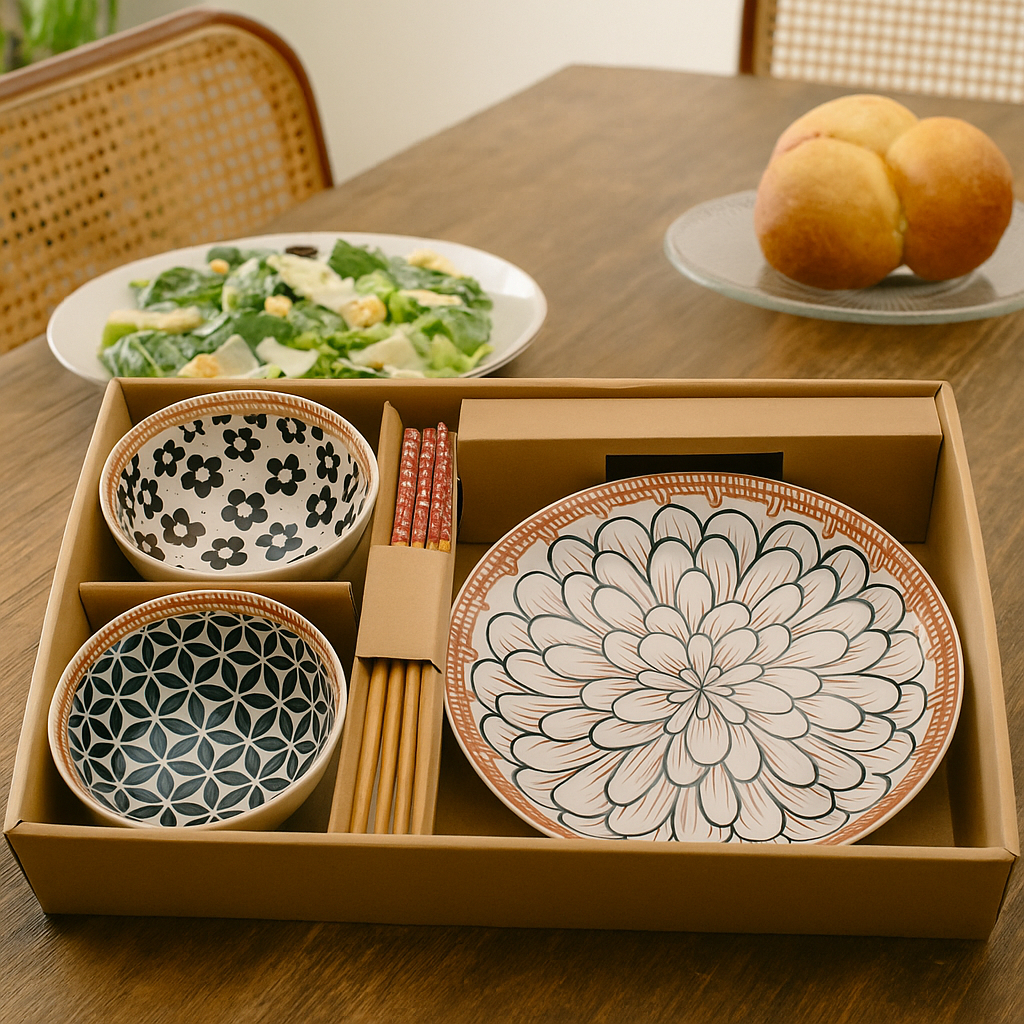 Mangkok Dan Piring Set Kado Hadiah Bingkisan / mangkok Sumpit Piring Keramik Sendok