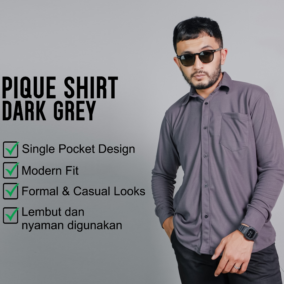 Polban Kemeja Cowok Pique Lengan Panjang Casual Slimfit Bahan Tebal