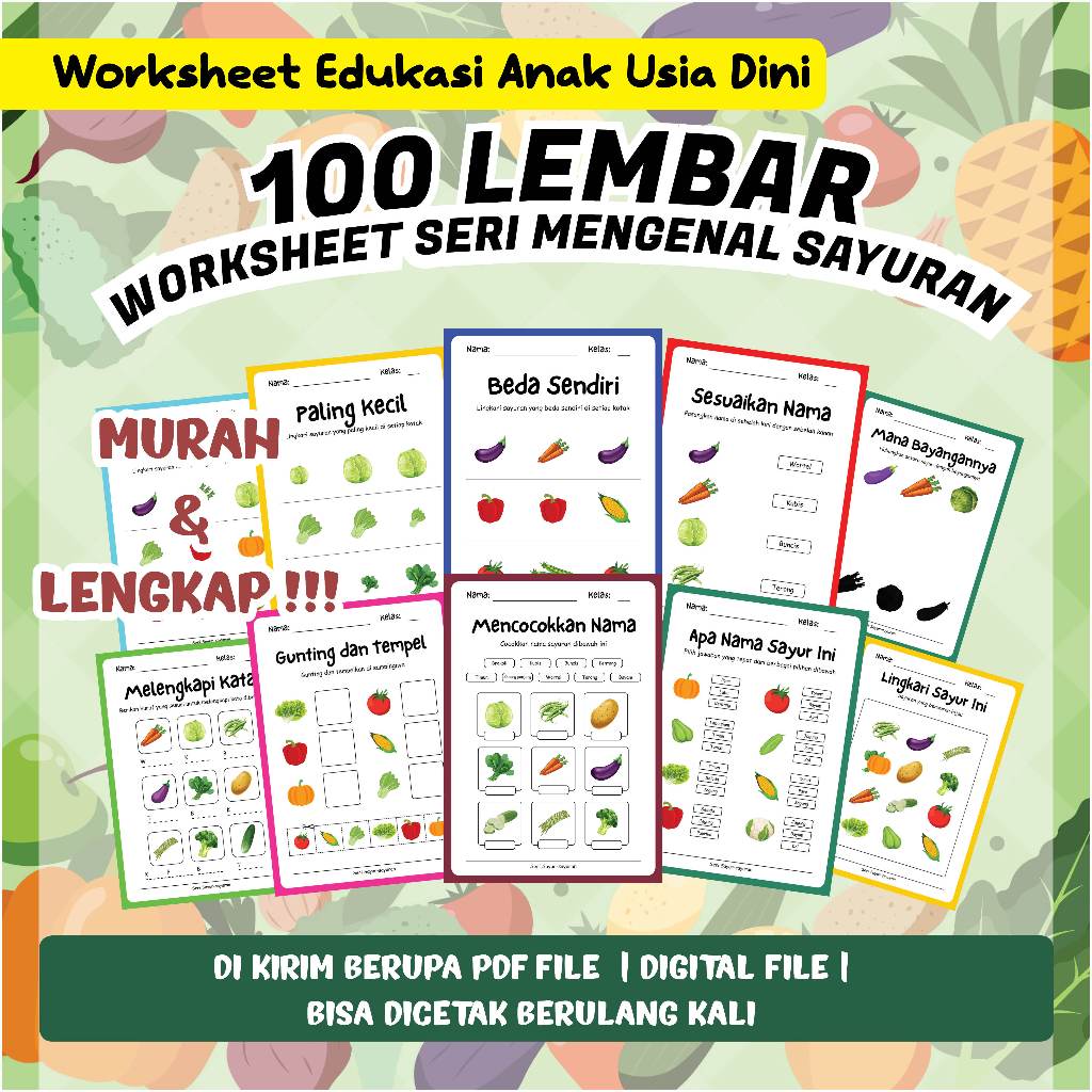 100 LEMBAR FILE PDF AKTIVITAS/ WORKSHEET ANAK TK-PAUD-SD SERI MENGENAL SAYURAN (FILE PD/EBOOKS)
