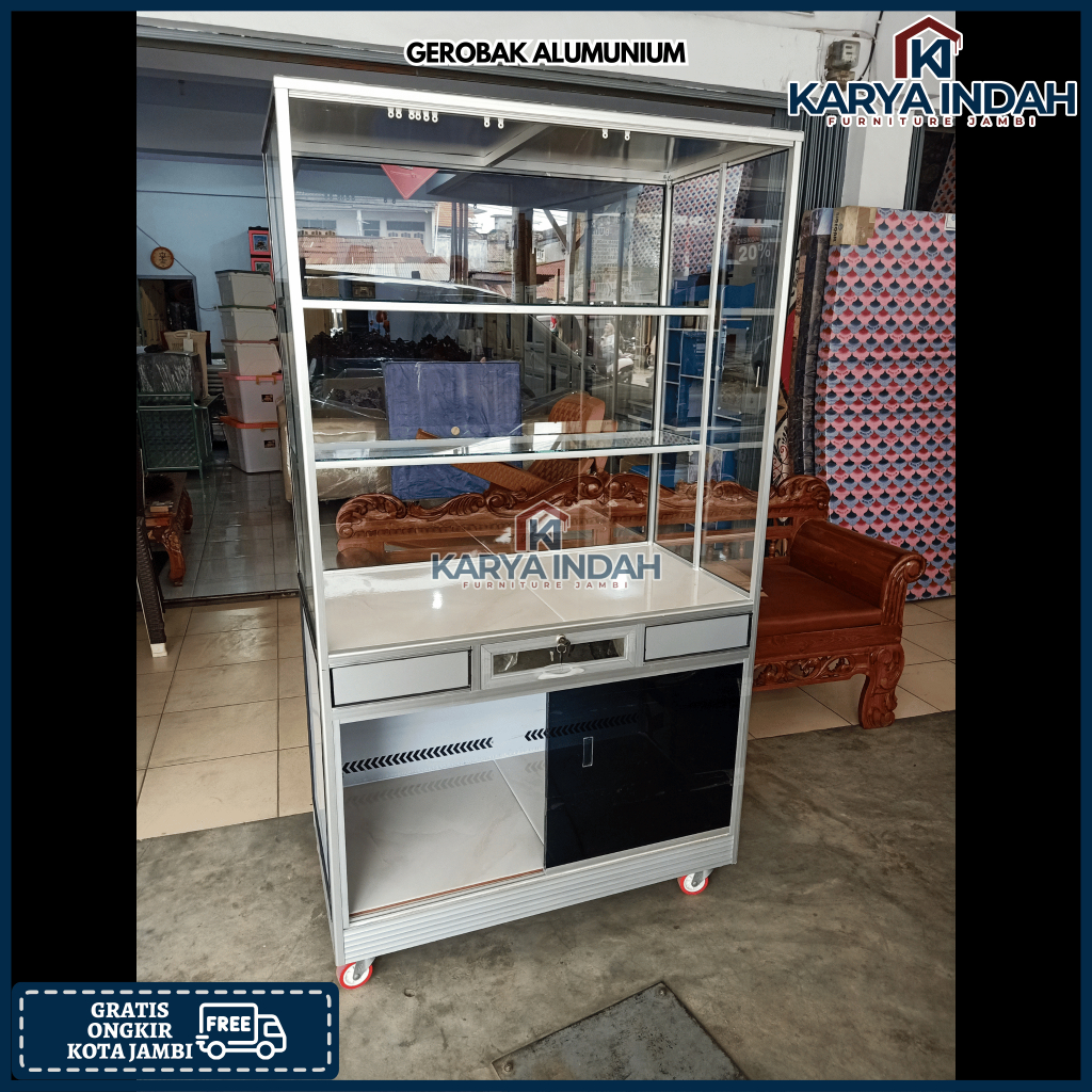 Gerobak ALUMUNIUM Lemari Estalase Tempat Jualan Kaca Roda Alumunium