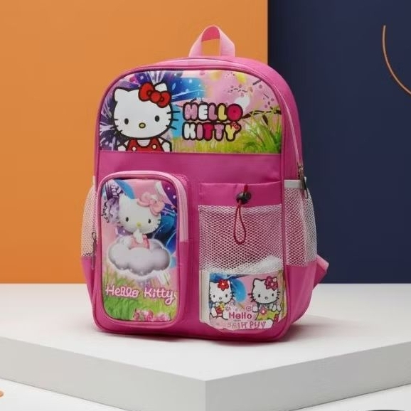 TAS RANSEL BESAR SEKOLAH ANAK PEREMPUAN  MOTIF HELLO KITTY PAUD TK SD HALUS BAGUS ADA TEMPAT MINUM