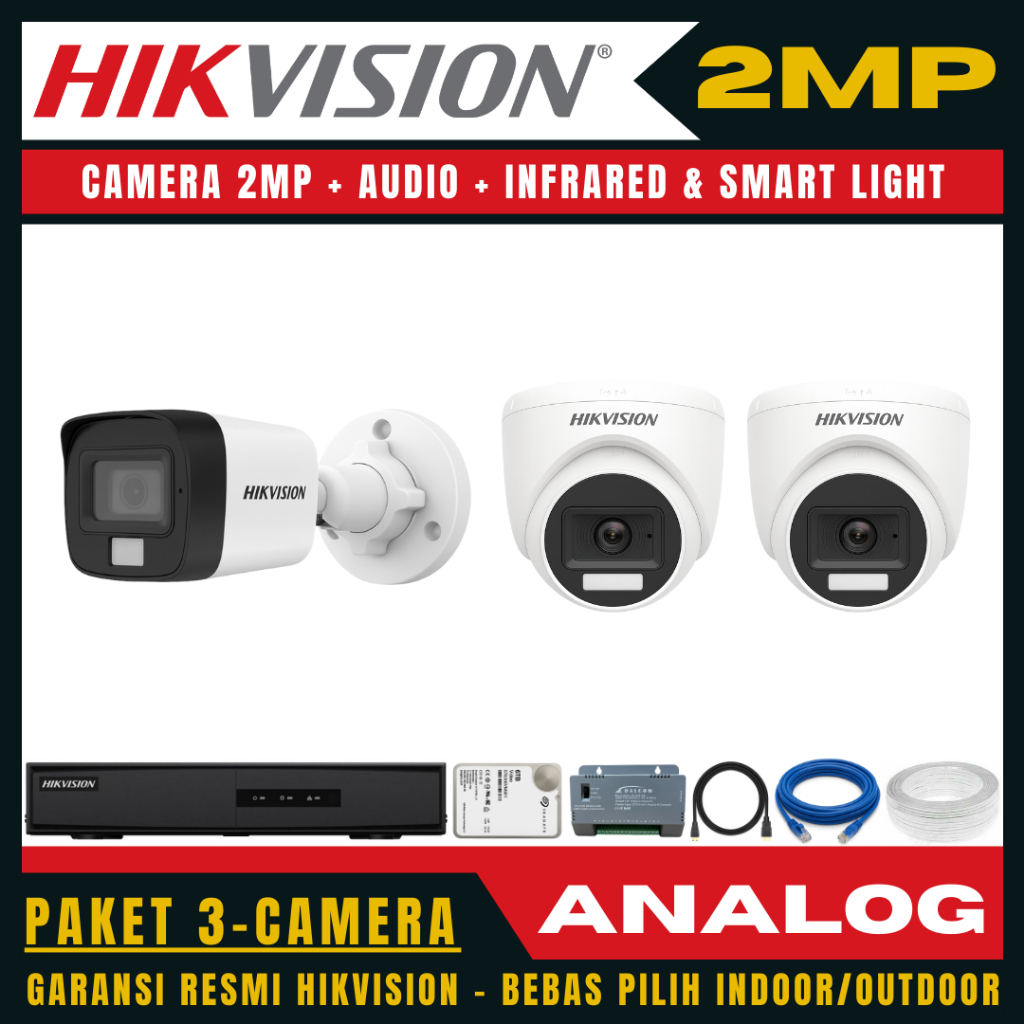 Paket cctv hikvision 2mp audio 4 channel 3 kamera paket cctv lengkap