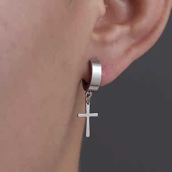 Anting Salib Jepit Salib Titanium Silver Anting Pria Korea Style