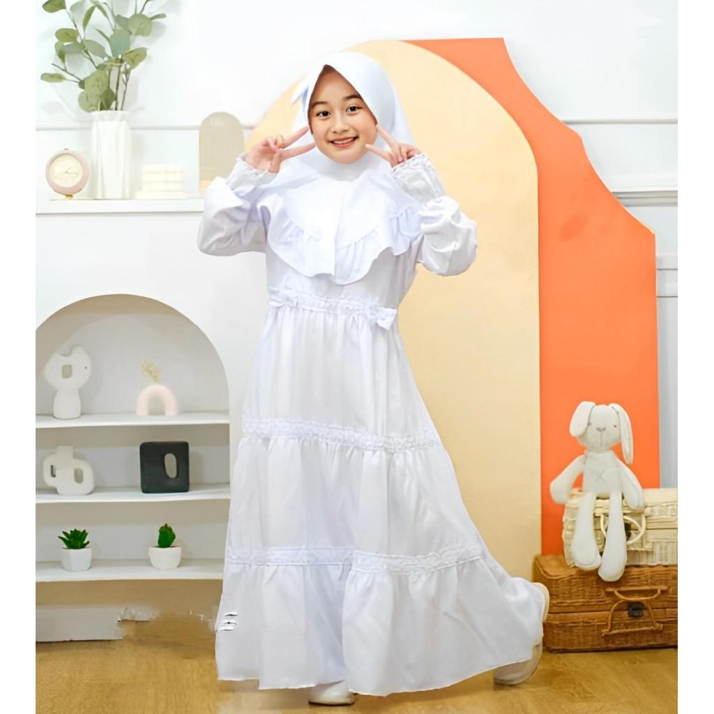 Gamis Anak Perempuan 2-12 Thn Putih Polos free Hijab Cantik Terlaris Baju Muslim Putih Anak Tanggung