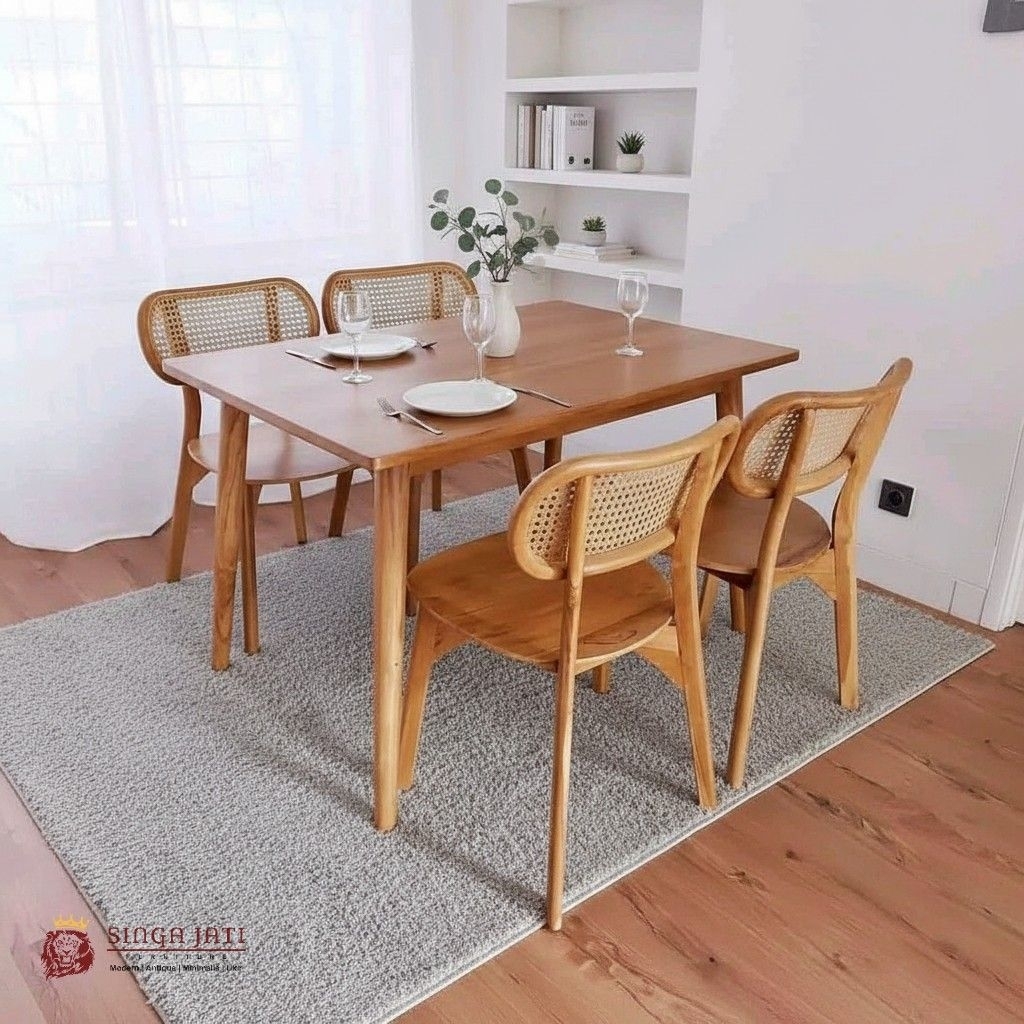 Meja Makan Set 4 Kursi Kombinasi Rotan Asli