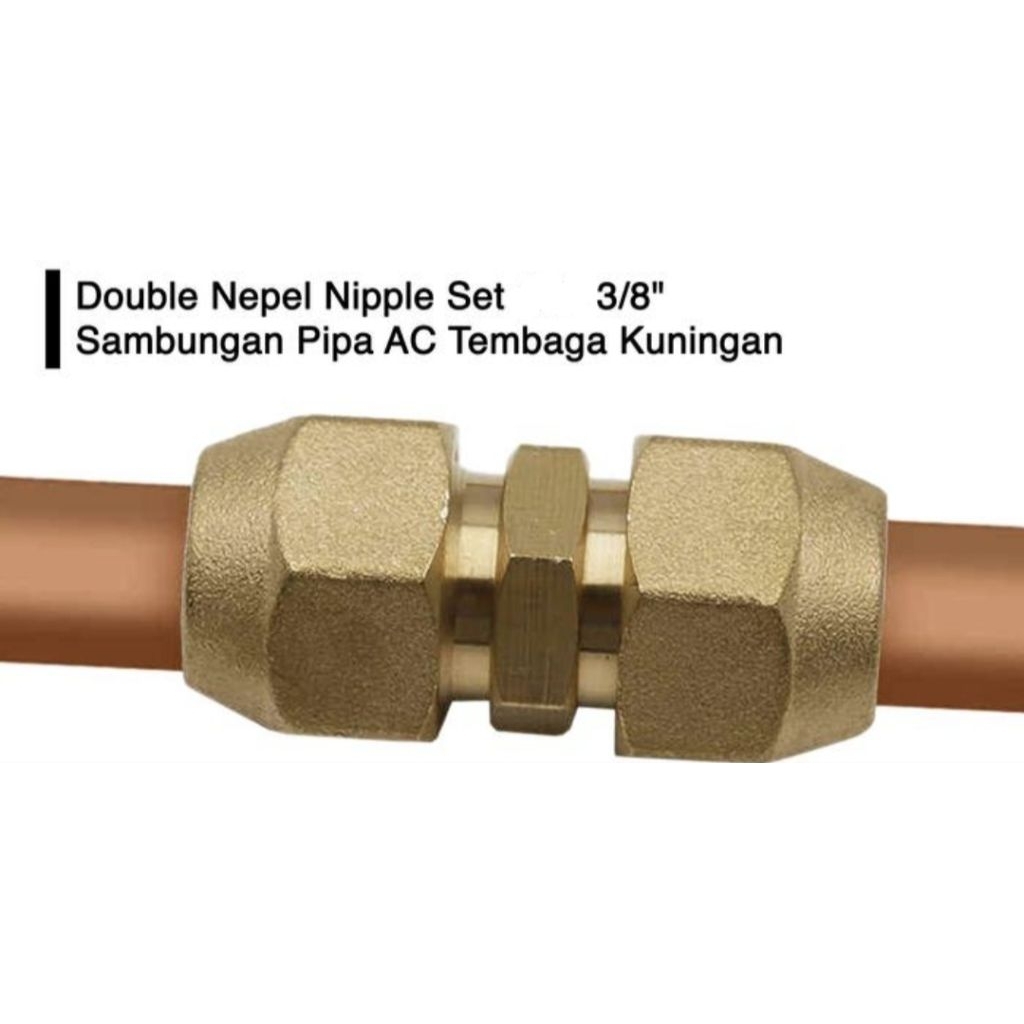 Double Nepel Nipple Set 3/8" Sambungan Pipa AC Tembaga Kuningan