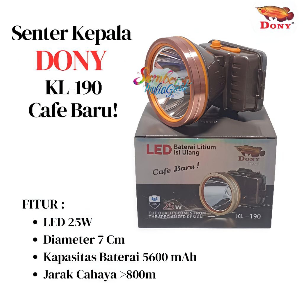 Senter Kepala DONY 25W 25 Watt KL-190 CAFE BARU  - Baterai Dapat Diganti - Cahaya Putih / Kuning
