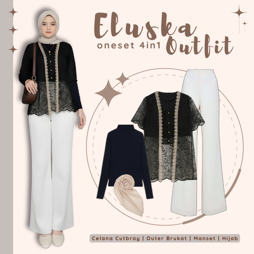 Outfit Wanita Kekinian ( Outer Brokat + Manset + Celana Cutbray  + Jilbab ) One set Kondangan  AMO70