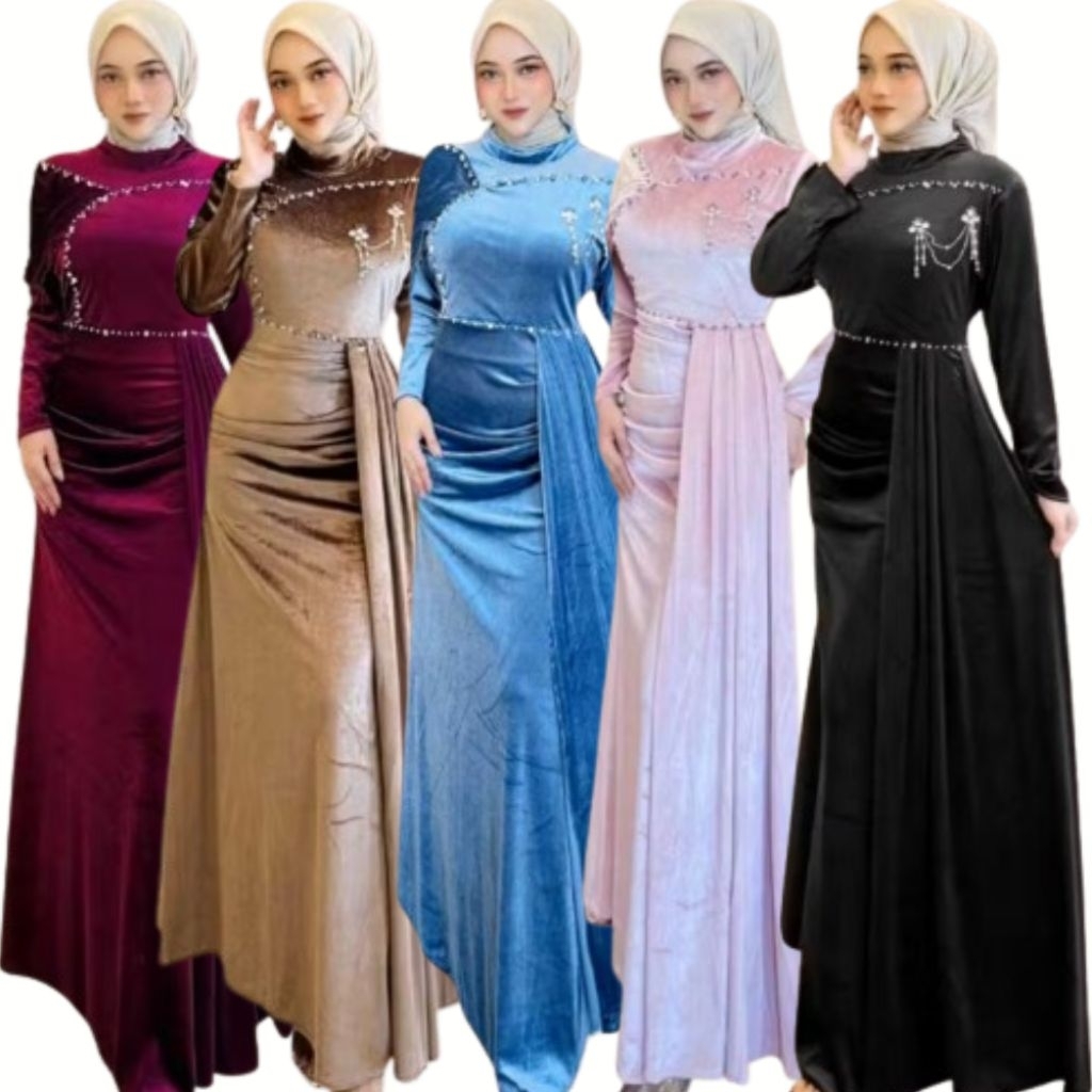 Ailin Dress Muslimah Pesta Bludru Gamis Kondangan Lebaran  2026 Busana Muslimah Wanita Size XL