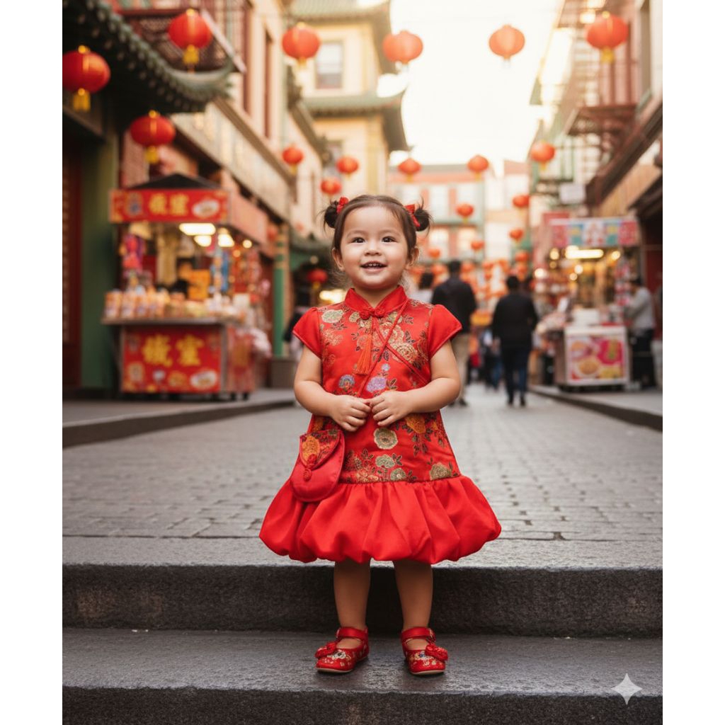 Cheongsam Anak 0-2 tahun Merah Motif Bunga Mewah Baju Imlek Anak Perempuan Dress Anak Cina Merah Len