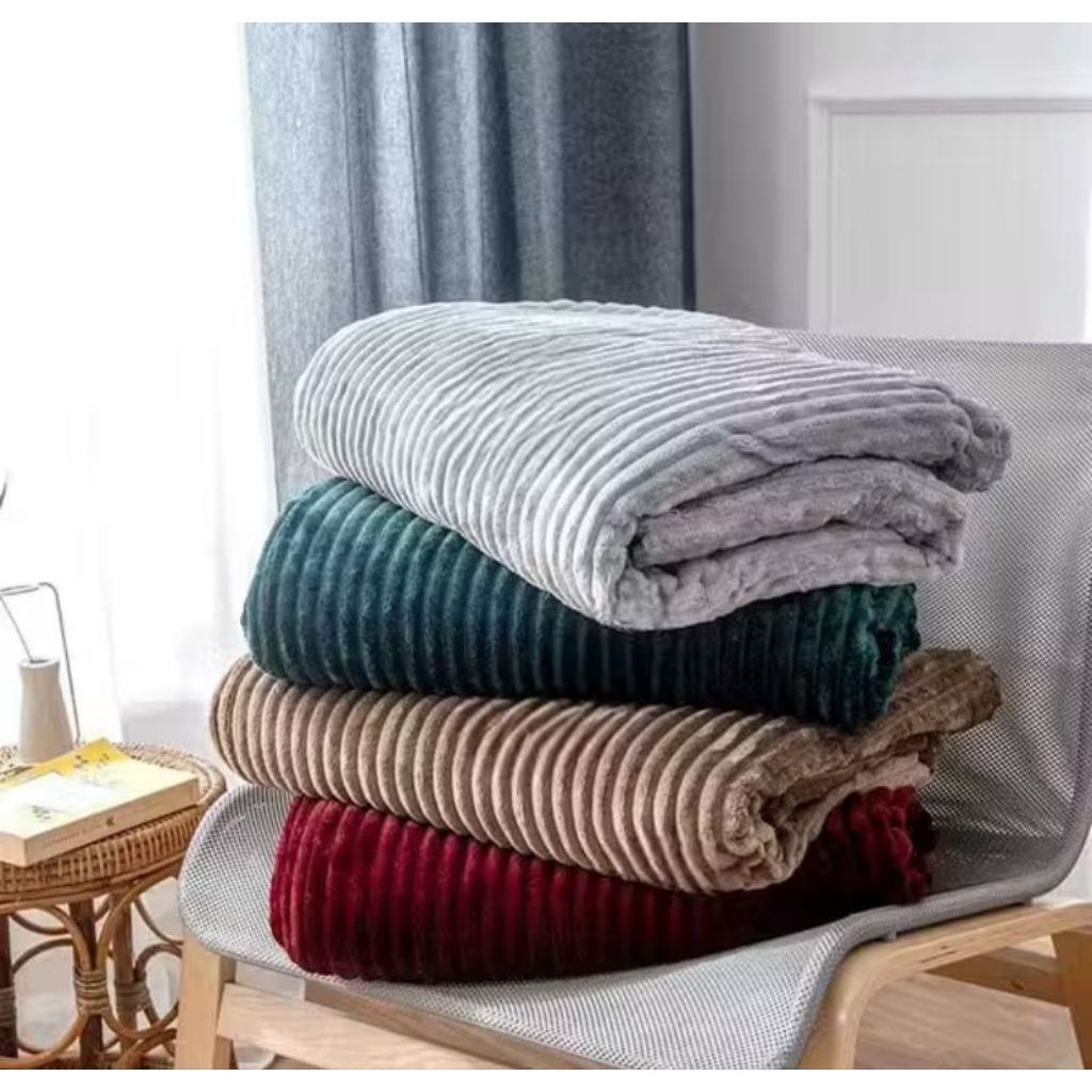 Selimut Polos Tebal 600gr Selimut Dewasa Garis Salur Fleece Ukuran 150x200 Murah Terlaris