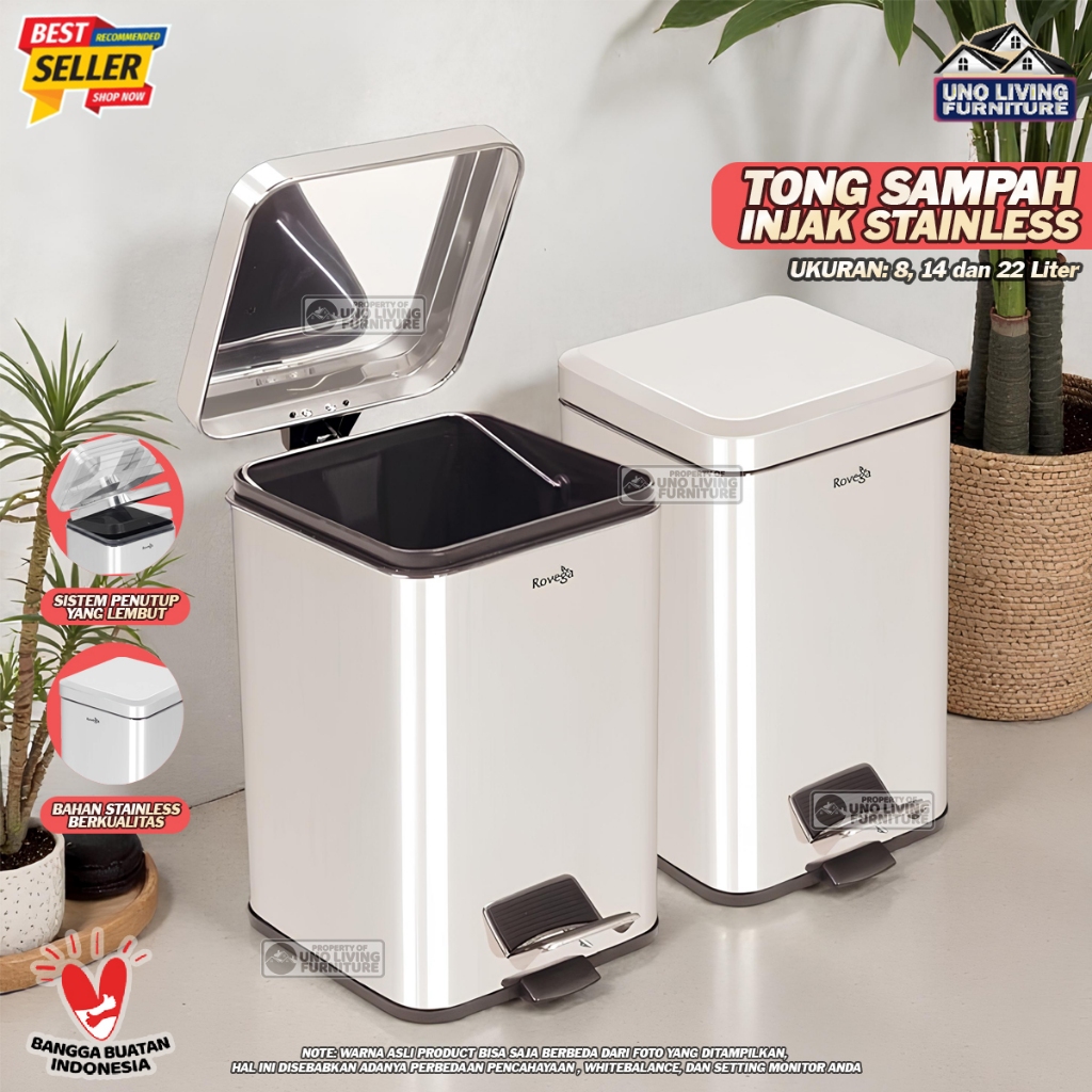 Tempat Sampah Stainless Tong Sampah Injak Tong Sampah Pedal Kotak Rovega Dust Bin 22 Liter Premium