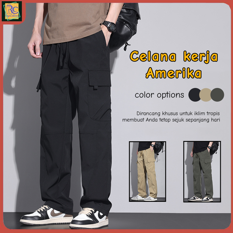 Celana Cargo Panjang Pria Black Celana Karet Casual Baggy Pants Korea Straight Oversize Cargo Pants