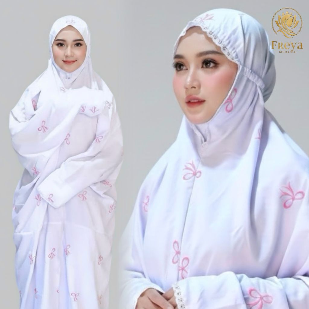 Mukena Terusan Putih Sutra look Lajuran | Kain Katun Polino Mikro Dingin & Anti Gerah | Bordir Bunga