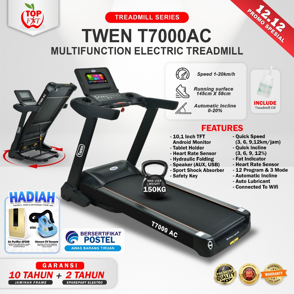 TWEN T7000AC Treadmill Listrik Treadmill Portable Treadmill Multifungsi Treadmil Lipat Alat Olahraga