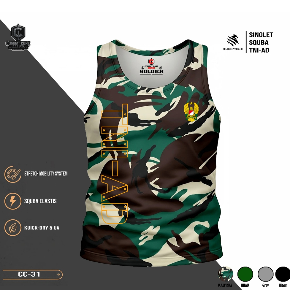 Singlet Gym TNI-AD | Pria- Combat Core series -Army Style | Bahan Scuba Elastis
