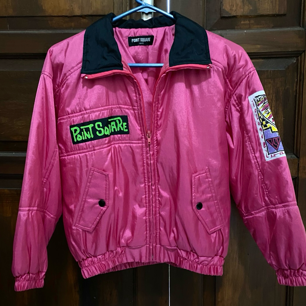 jaket outdoor pink point square zipper hoodie neon wanita