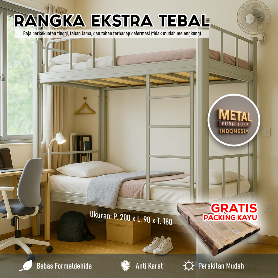 Ranjang Susun Besi Kokoh - Dipan Kasur 2 Susun Minimalis Untuk Kamar Anak Kost - Furniholic Metal
