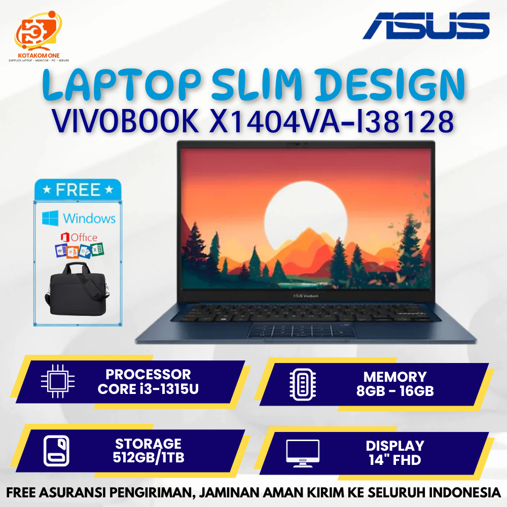 Laptop Baru Asus VivoBook X1404VA Core i3-1315U RAM 8Gb 512Gb SSD 14"FHD Win 11 Laptop Produktivitas