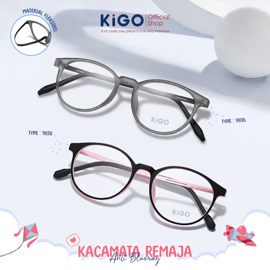 KIGO Kacamata Remaja Anti Radiasi Blueray Minus Titanium+Silikon Unisex Fashion Kekinian 9836 - 9838