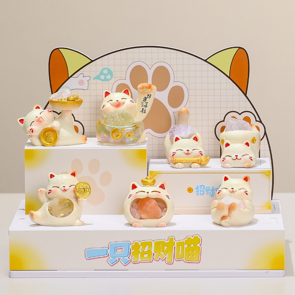 Lucky Cat Crystal Ornaments Blind Box Collectible Action Figure Mystery Box Maneki Neko Kucing Imut