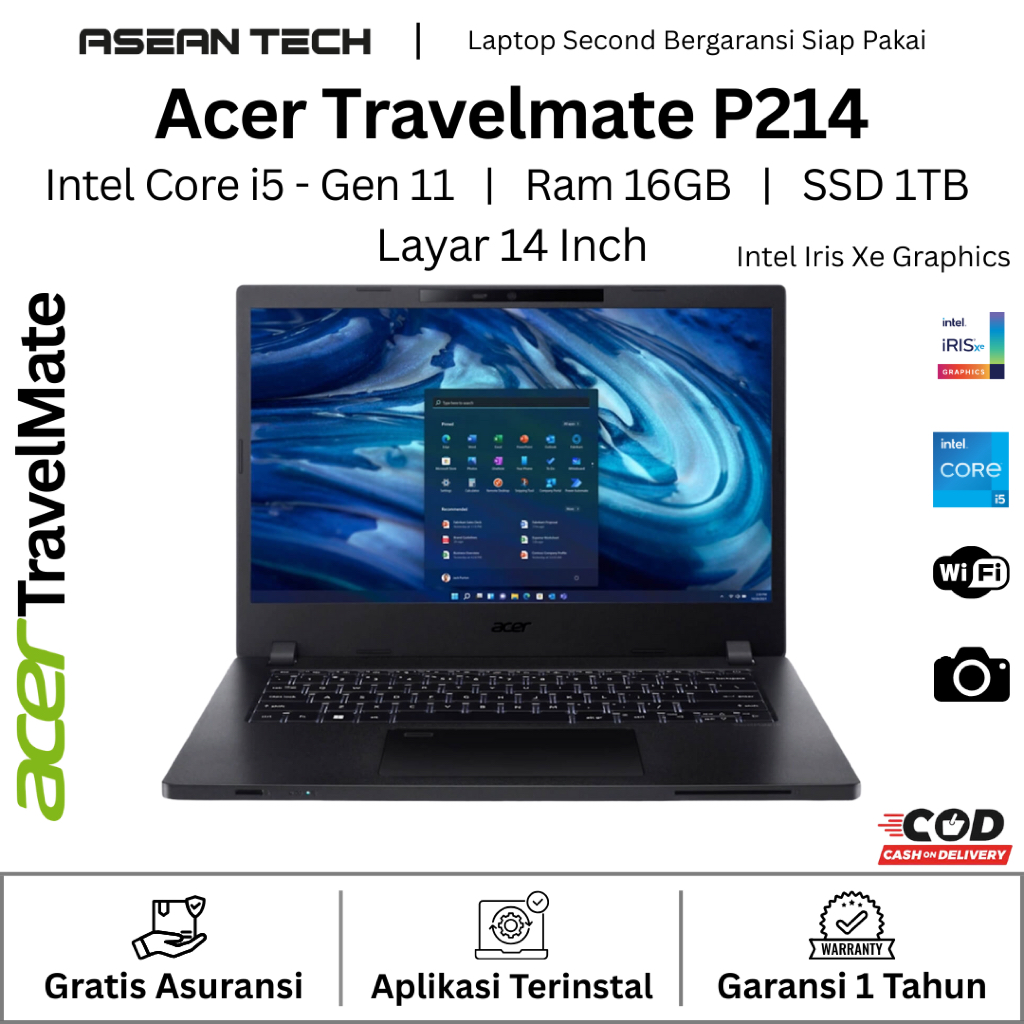 Acer Travelmate P214 Core i5 Gen 11 Ram 16GB SSD 1TB Laptop Bekas Bergaransi Original Siap Pakai