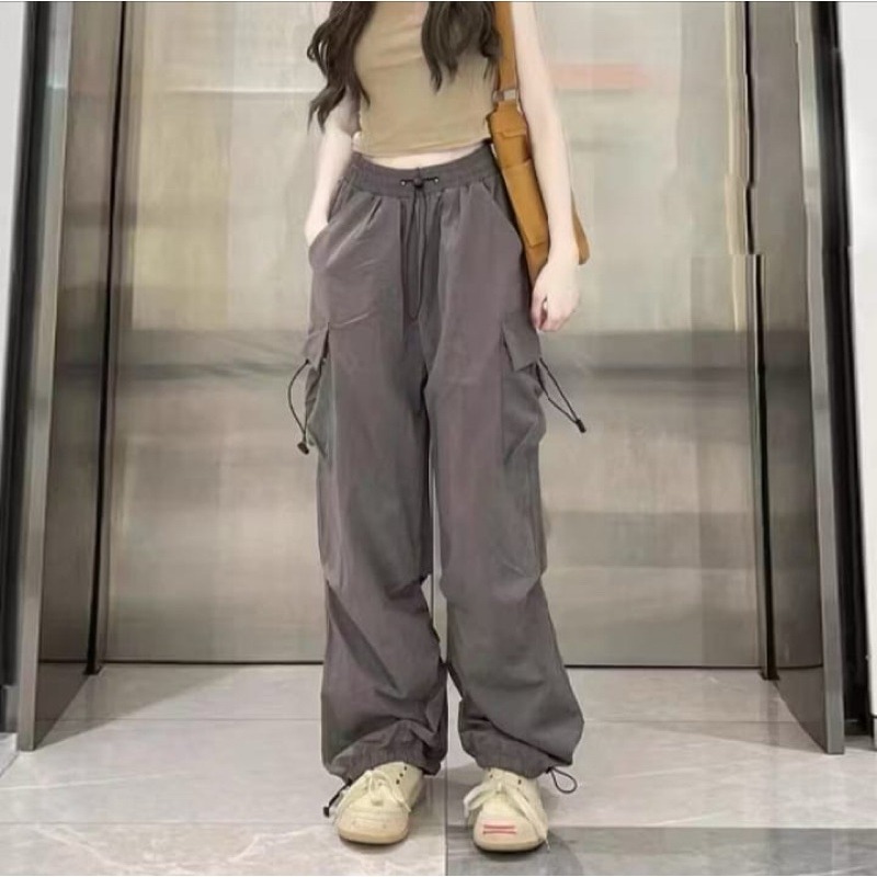 celana cargo serut parasut - celana cargo hightwaist loose pants - celana cargo wanita remaja kekini
