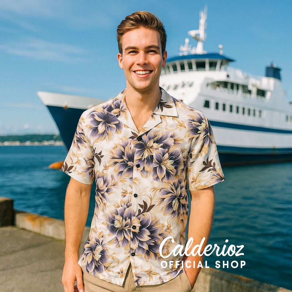 Calderioz - Kemeja Tropis Motif Floral Luxury Cream Lengan Pendek Outfit Liburan Santai Pria Wanita