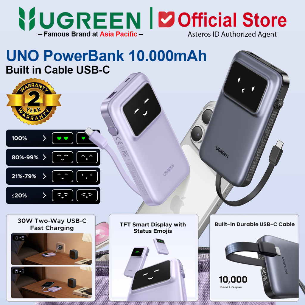 UGREEN UNO Robot Power Bank 10.000mAh PD Fast Charging 30W Built-In Type-C Cable
