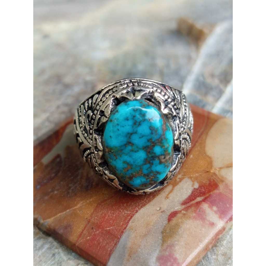 Pirus Persia Biru Top Color BodyGlass Ring Alpaka Ukir