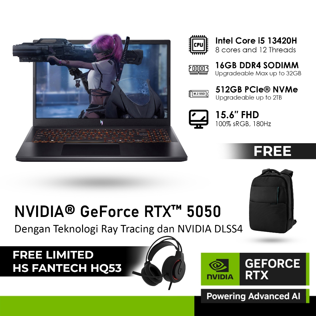 Acer Nitro V 15 ANV15-52 Laptop Gaming Hitam, Intel Core i5, RTX 4050, 16GB RAM, 512GB SSD