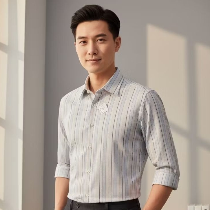 Kemeja Pria Alisan – Size L/15 – Motif Garis Abu Putih