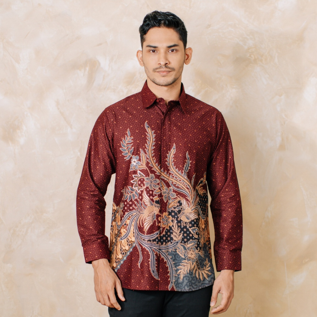 Adyatma Seera Maroon Kemeja Batik Pria Slim Fit Katun Lengan Panjang