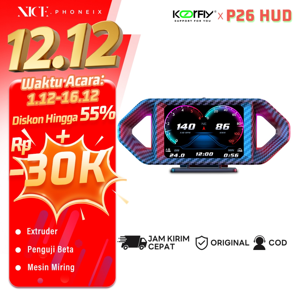 P26 HUD Car Smart Gauge OBD2 Display - Scanner Mobil Tachometer Kilometer Speed Meter Water Temp Sir