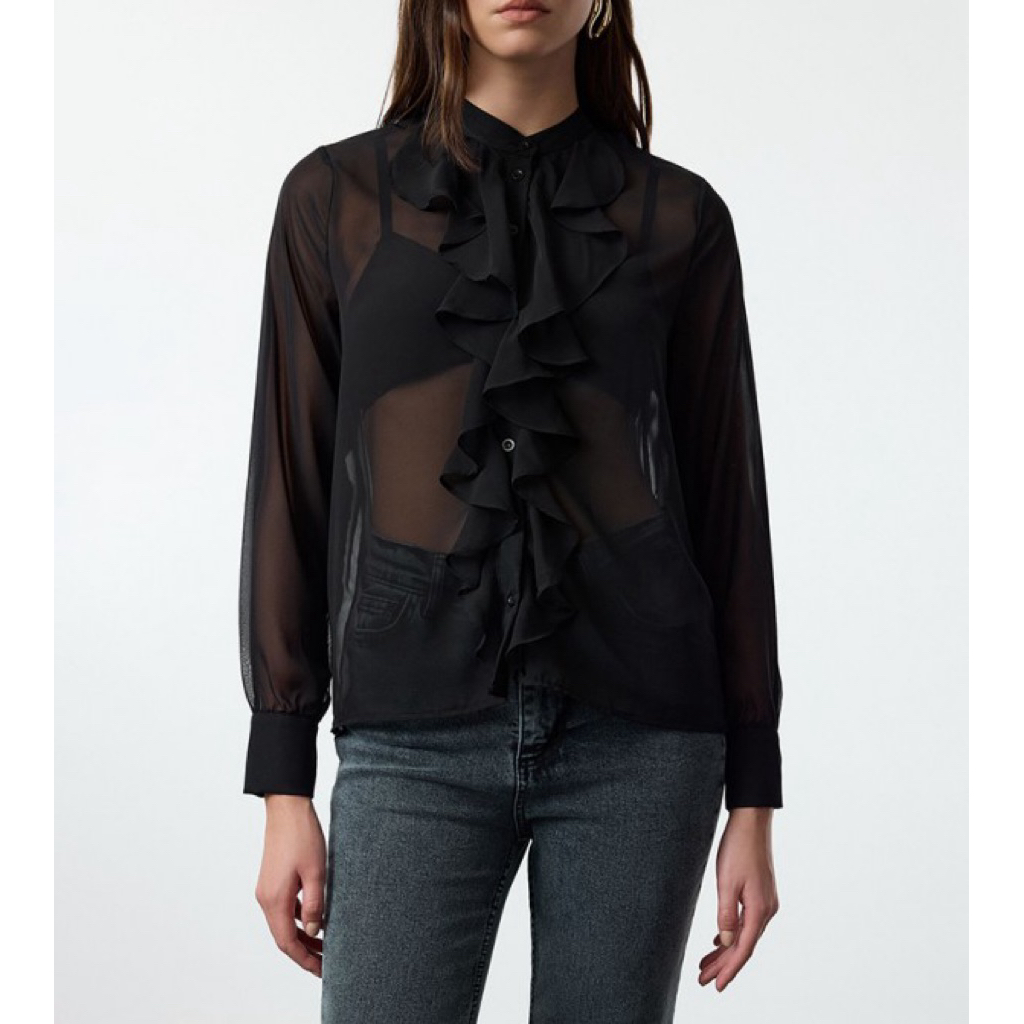 PRELOVED Esprit Black Sheer Transparant Long Sleeve Buttons Blouse Top Kemeja Fashion Wanita