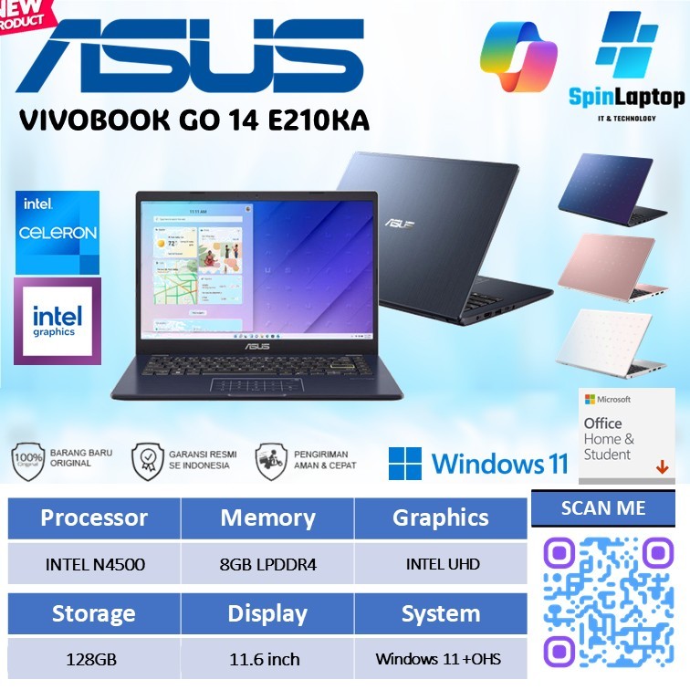 Asus Vivobook 11 inch E210KA Laptop kecil intel N4500 Ram 8GB 128GB Baru Resmi