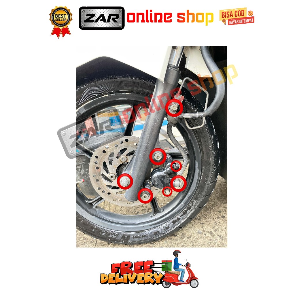 BAUT BREKET + REM + BANJO + NEPEL + TOJOSAN + AS KALIPER DEPAN ( 7 BAUT ) BEAT SCOOPY KARBU FI ESP S