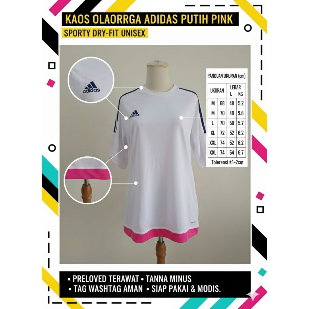 Kaos Jersey Adidas Putih Pink Lengan 3/4 | Dry-Fit Climalite | Sporty Modis | Tanpa Minus