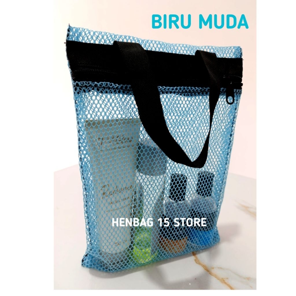 Tas Jaring Sabun Mandi Travel/ Tas Kosmetik Bedak Bayi Skincare Bahan Tebal Hitam Transparan