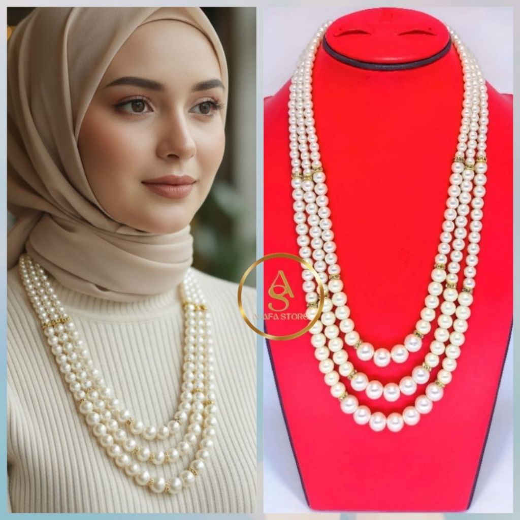 Kalung Mutiara Diamond 3 Layer Wanita Korea Mutiara Berat Premium Kalung Fashion Model Terbaru
