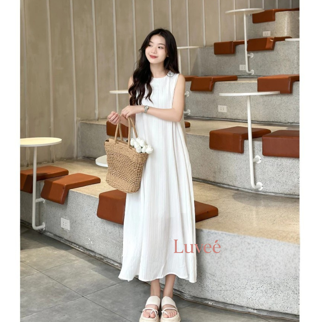 (CUCI GUDANG) / PREMIUM Dress Putih Panjang Wanita Korean Look Tanpa Lengan Sleeveless Dress Simple