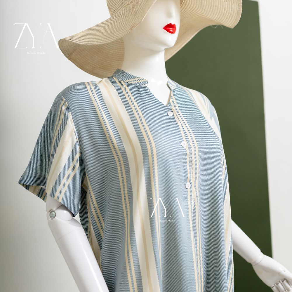 ZYA – Daster Rayon Premium Striped | Kancing Depan & Kerah Shanghai | – Home Dress Wanita