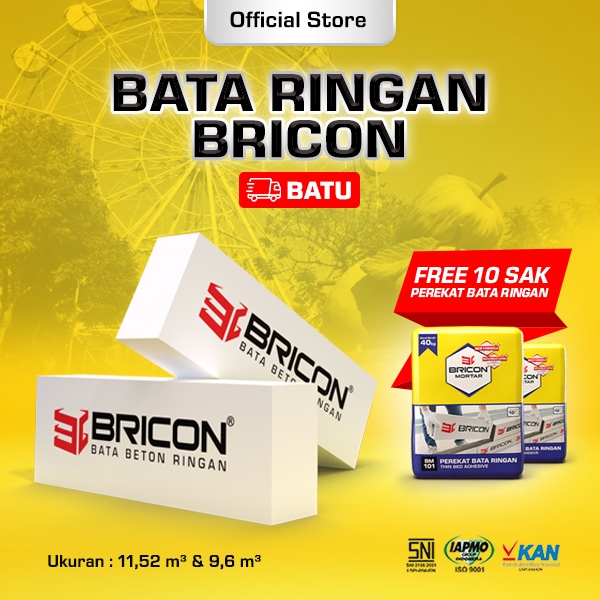 BRICON - Bata Ringan Premium SNI 1 DO 11,52 m³ Hebel Bonus Bundling Mortar 10 Sak - BATU, JAWA TIMUR
