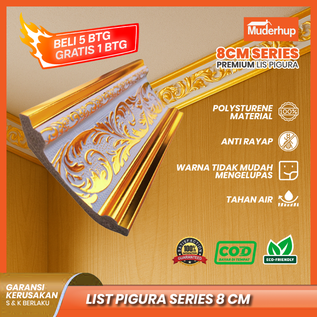Muderhup interior Bingkai Lis Pigura / Lis Plafon pvc / Lis Profil / Lis tembok PVC 8CM Series Premi