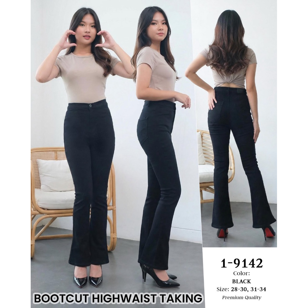 CELANA CUTBRAY BOOTCUT JEANS HW HITAM WANITA KANTONG POLOS MISS2000