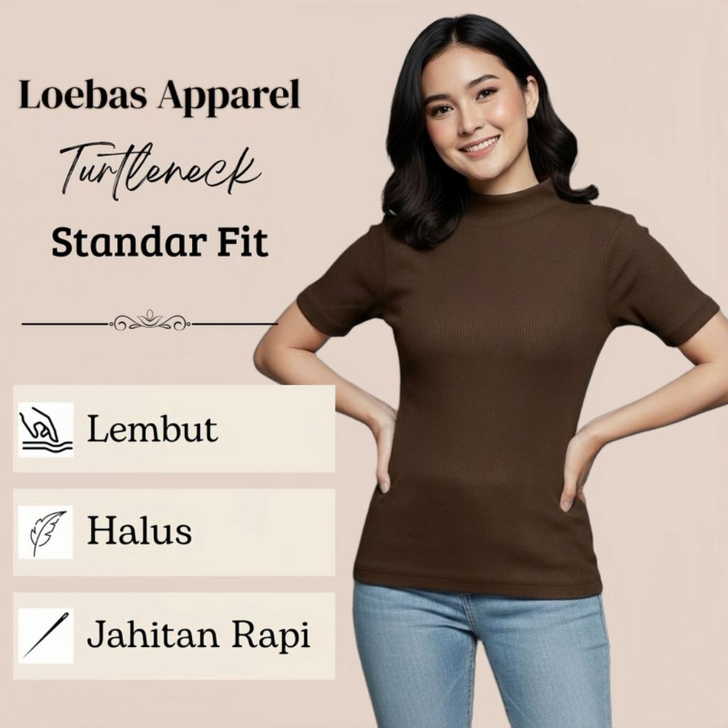 Atasan Rib Rajut Wanita Turtleneck - Atasan kaos cewek Kerah Tinggi Lengan Pendek Model Korean Style