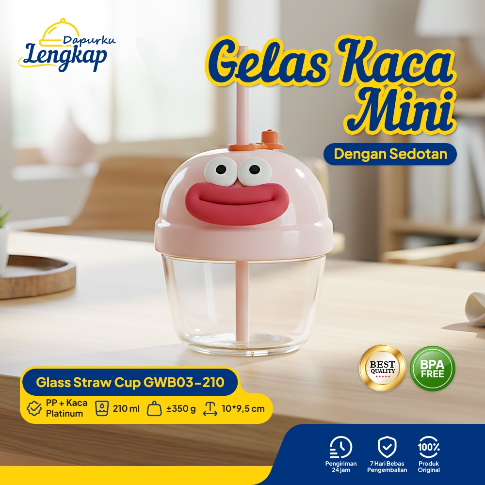 Dapurku Lengkap - Gelas Kaca Tutup Gelas Kecil Kaca Minum Anak Anti Tumpah Karakter Lucu GWB03-210