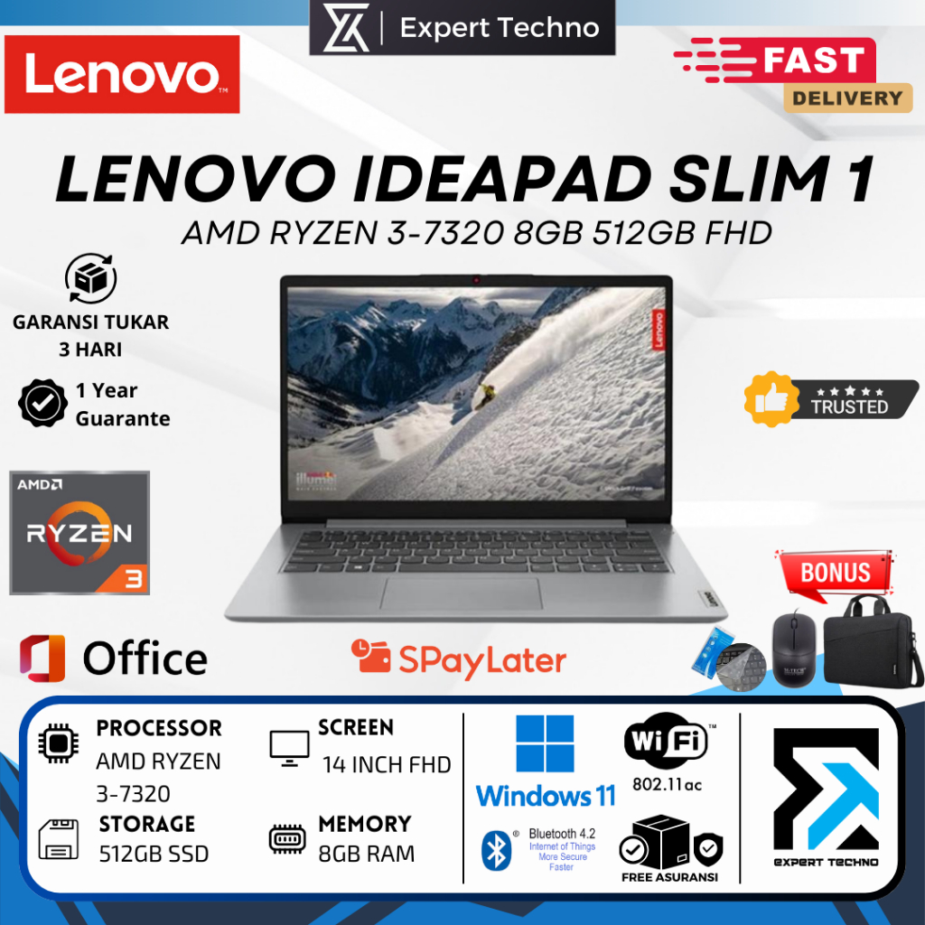 Laptop Lenovo Ideapad Slim 1 Amd Ryzen 3-7320 8GB Ram 512GB SSD 14 FHD WIN11