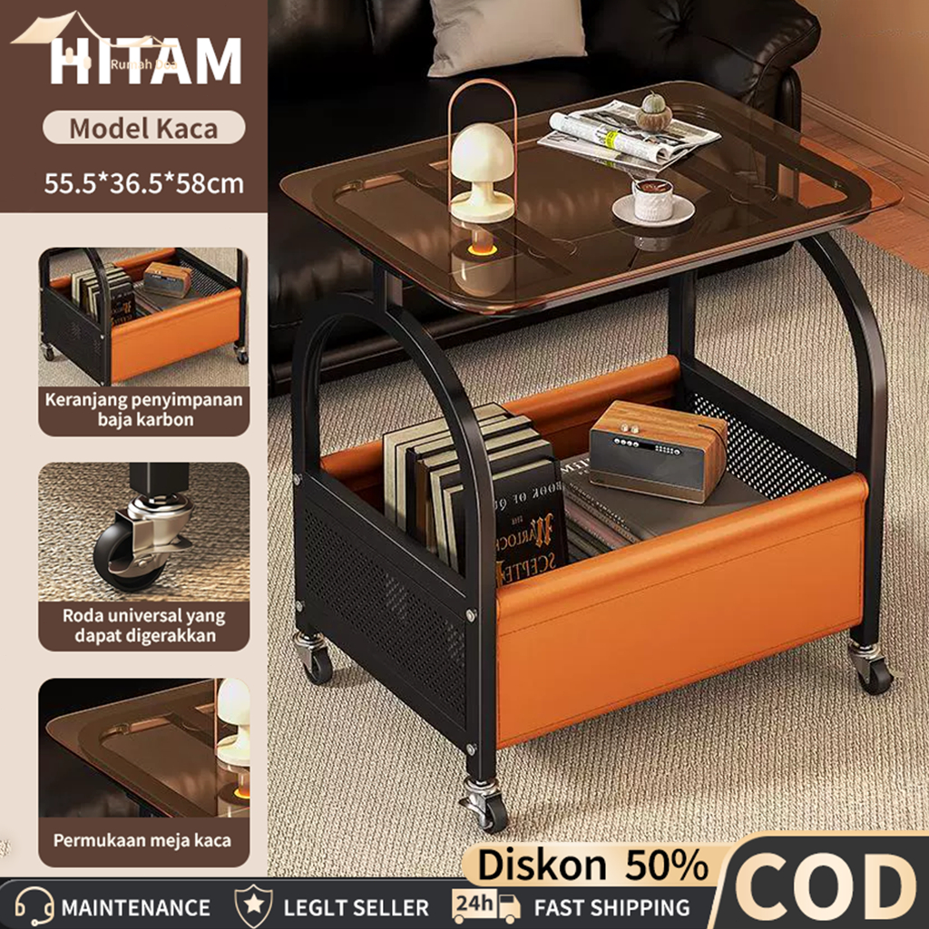 COD Meja Kopi Seluler Besi+Kaca Meja Tamu Rak Penyimpanan Dua Lapis Santai Meja Kopi Meja Meja Kecil