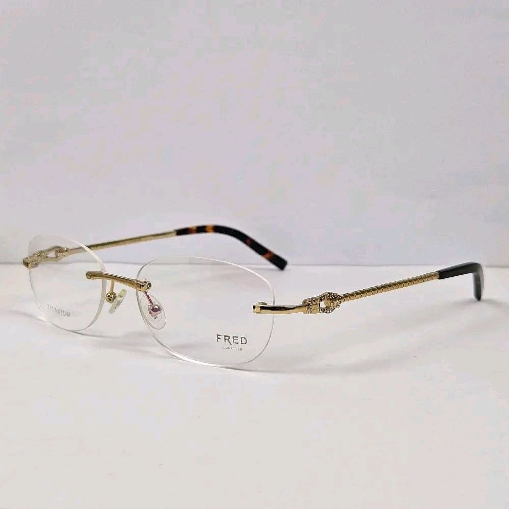 frame kacamata wanita elegan oval fred frameless bor titanium Force 10 Evo gold tortoise bisa lensa 